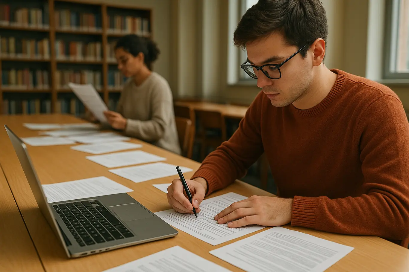 Sala de estudos com estudante preenchendo formulário ao lado de laptop e papéis