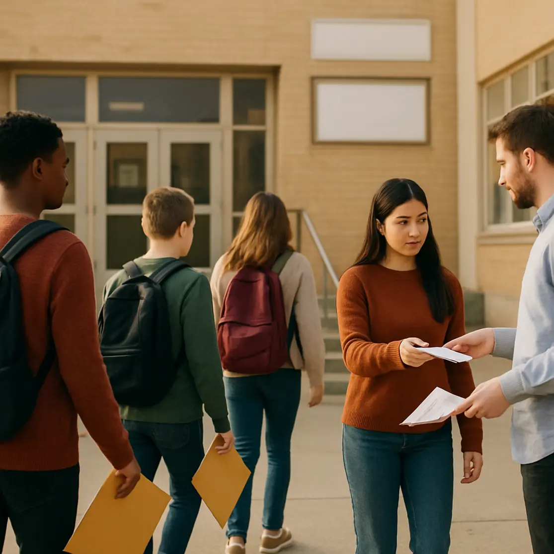 Jovens de costas entregando documentos em frente a prédio escolar
