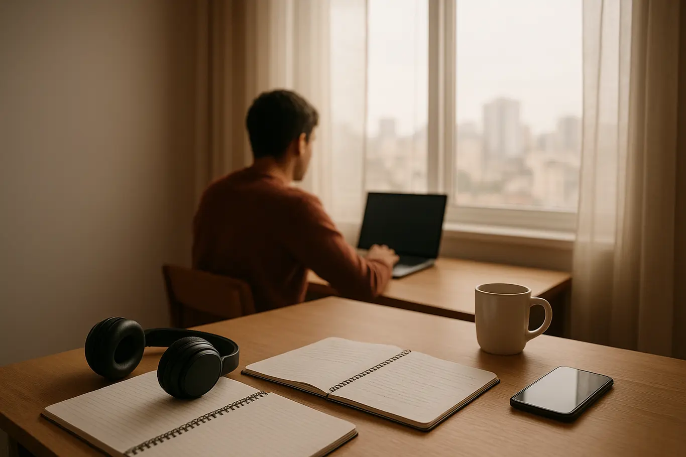 Ambiente doméstico amplo com mesa de estudos e estudante à distância junto à janela