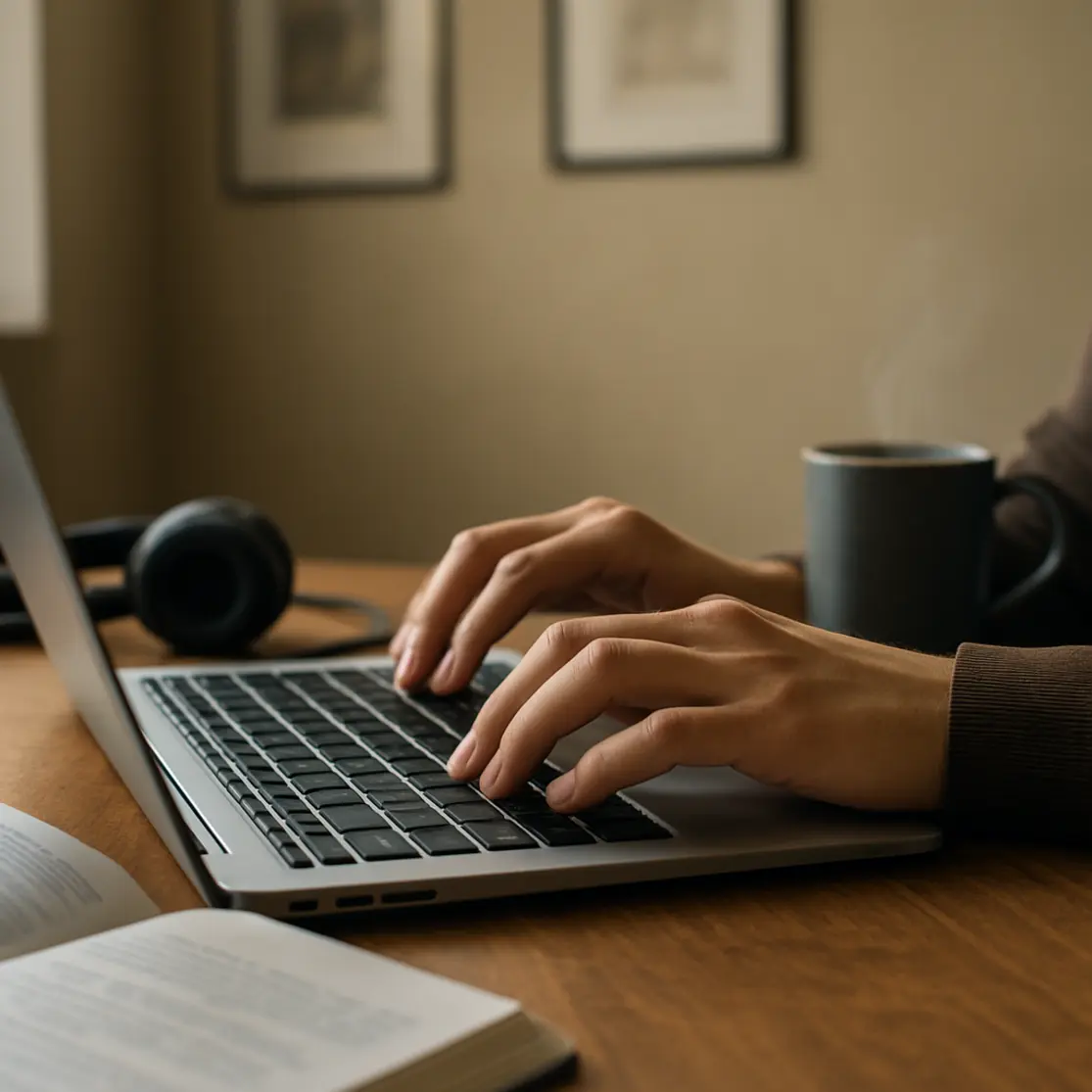 Close nas mãos digitando no teclado com material de estudo ao lado