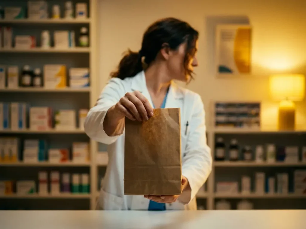 Farmacêutica em 3/4 entregando saco com remédios em farmácia iluminada à noite
