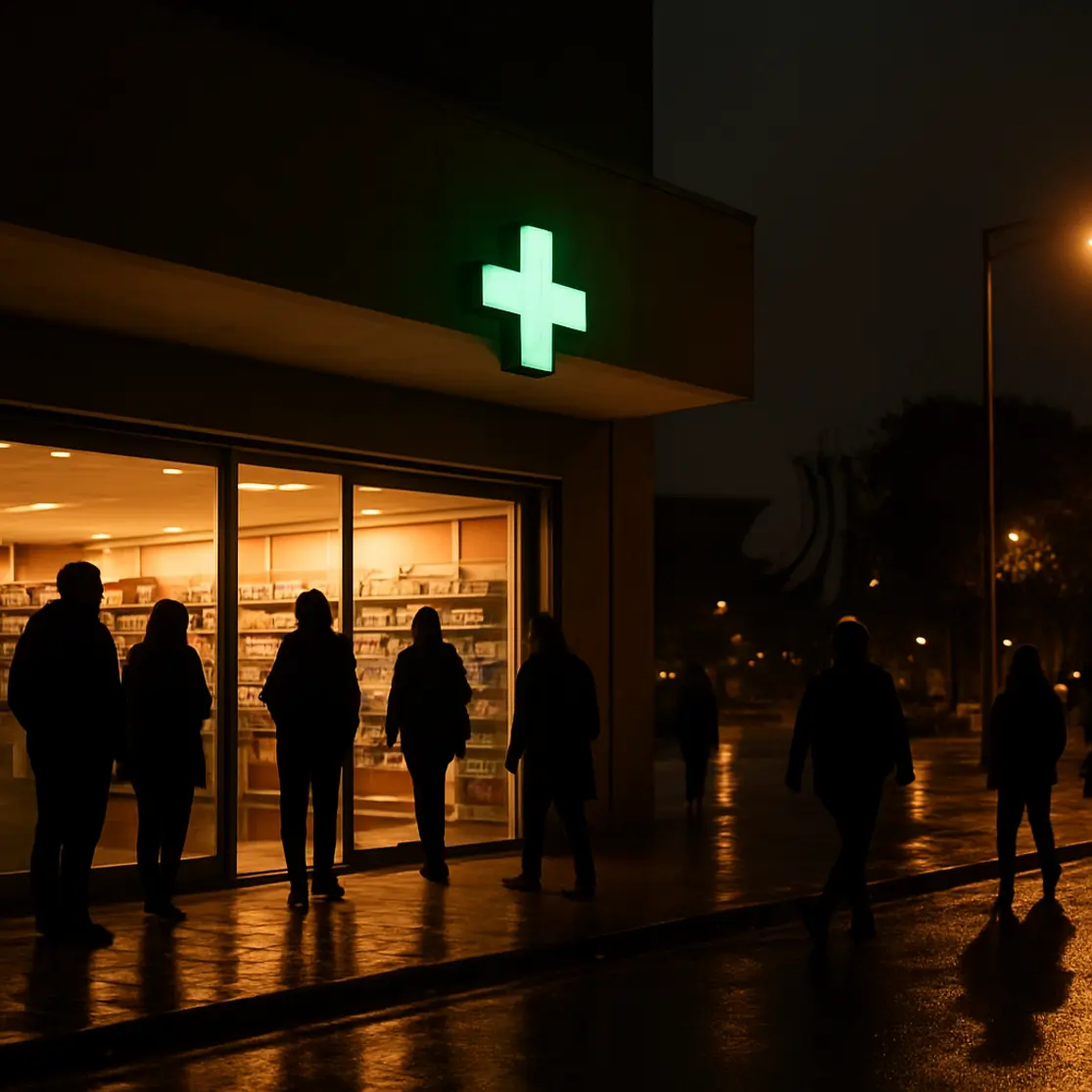 Fachada de farmácia aberta à noite com cruz iluminada e pessoas em silhueta