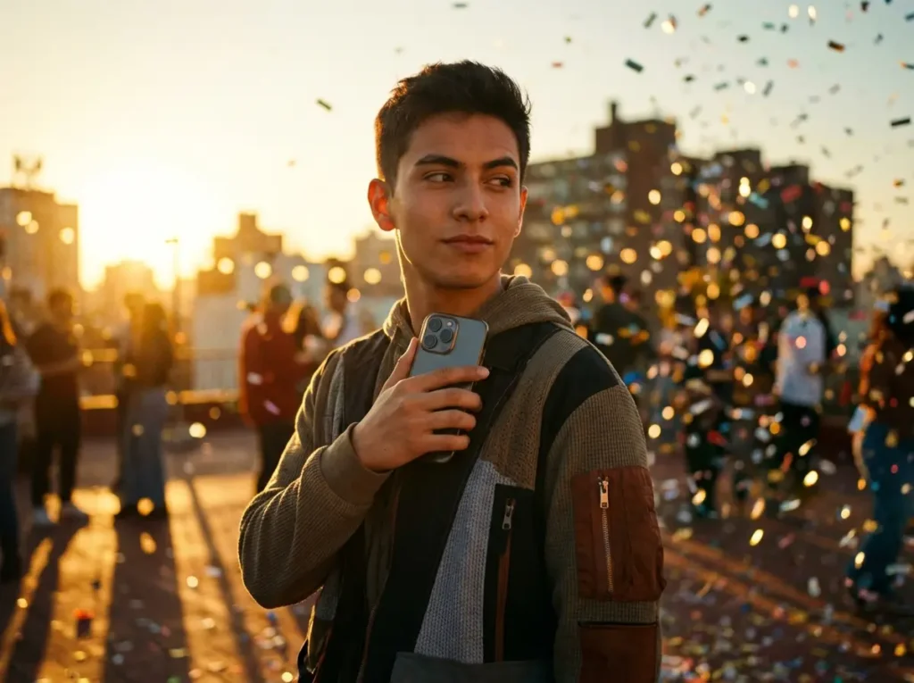 Farmar Aura significado da Gíria que virou Meme e todo mundo tá usando Pessoa jovem de 3/4 em terraço ao pôr do sol segurando smartphone, luz dourada e bokeh vibrante