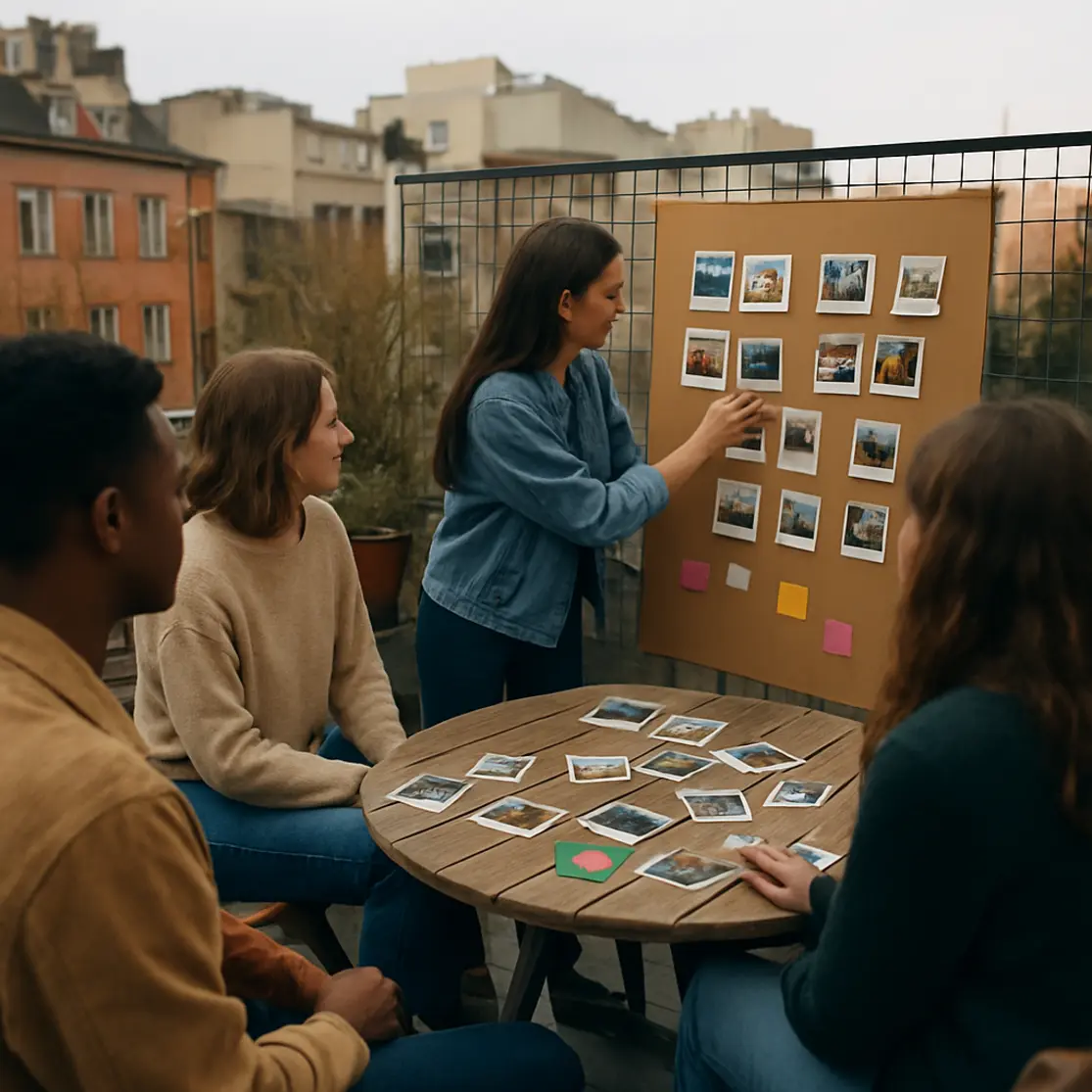 Grupo em café rooftop organizando polaroids em mural, contexto urbano ao fundo, atmosfera calorosa