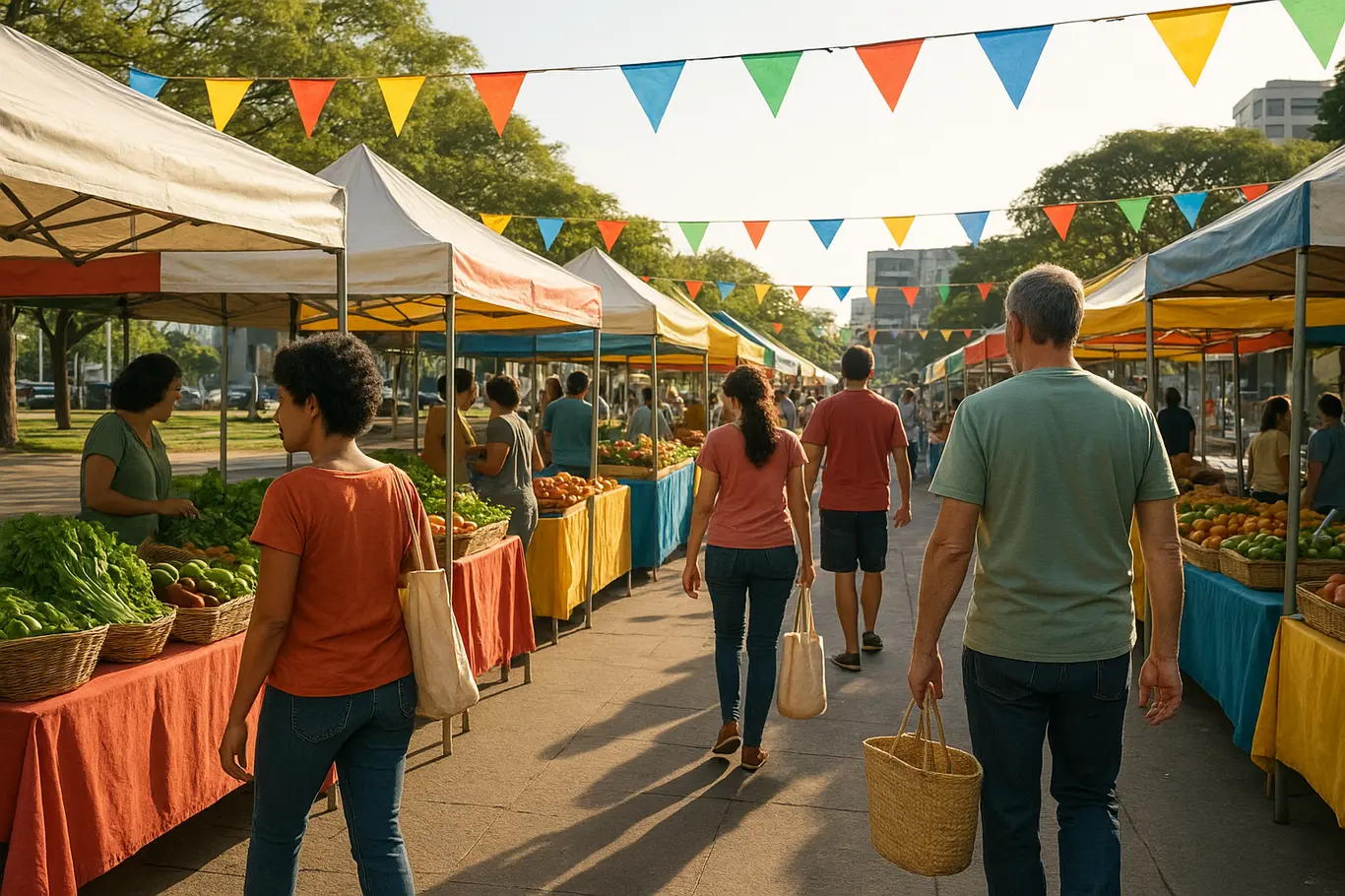 Vista ampla lateral da feira em Brasília com barracas coloridas e moradores de perfil circulando entre as bancas.