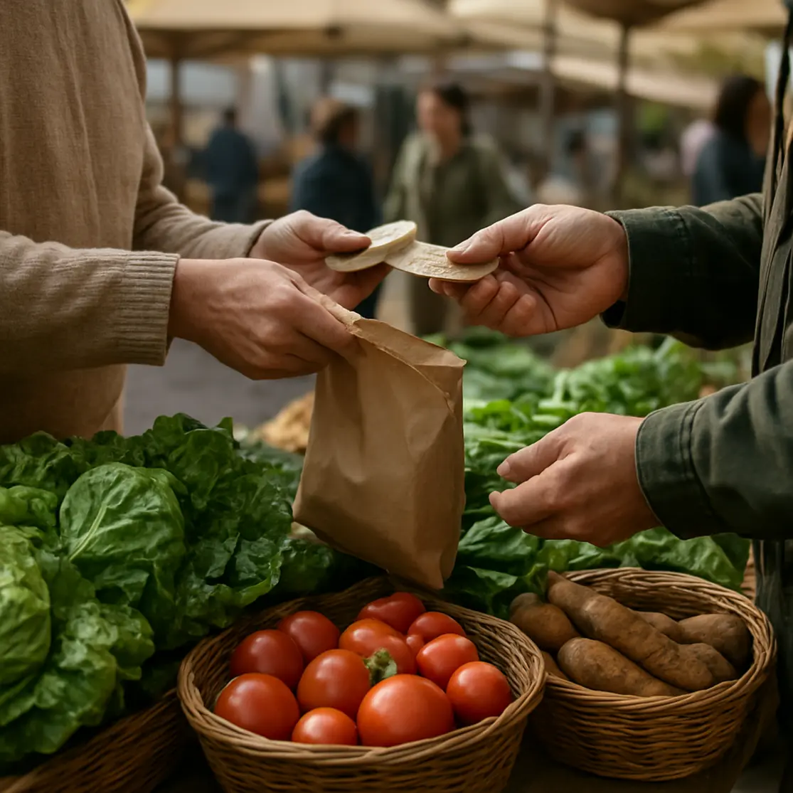 Mãos em perfil trocando dinheiro e embalando verduras em uma banca da feira de Brasília, foco em texturas dos alimentos.