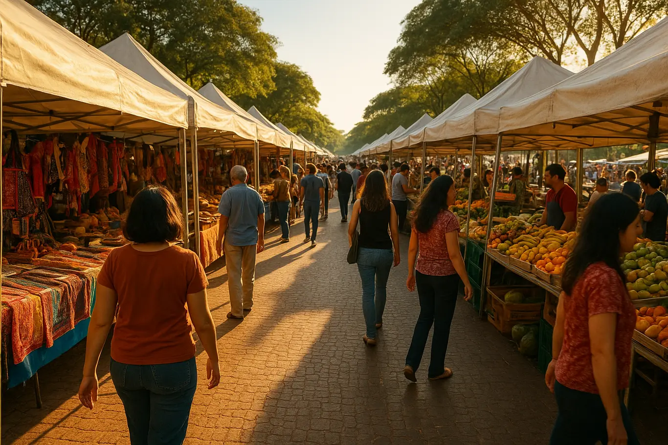 Alameda de feira em Brasília com barracas coloridas e visitantes de costas