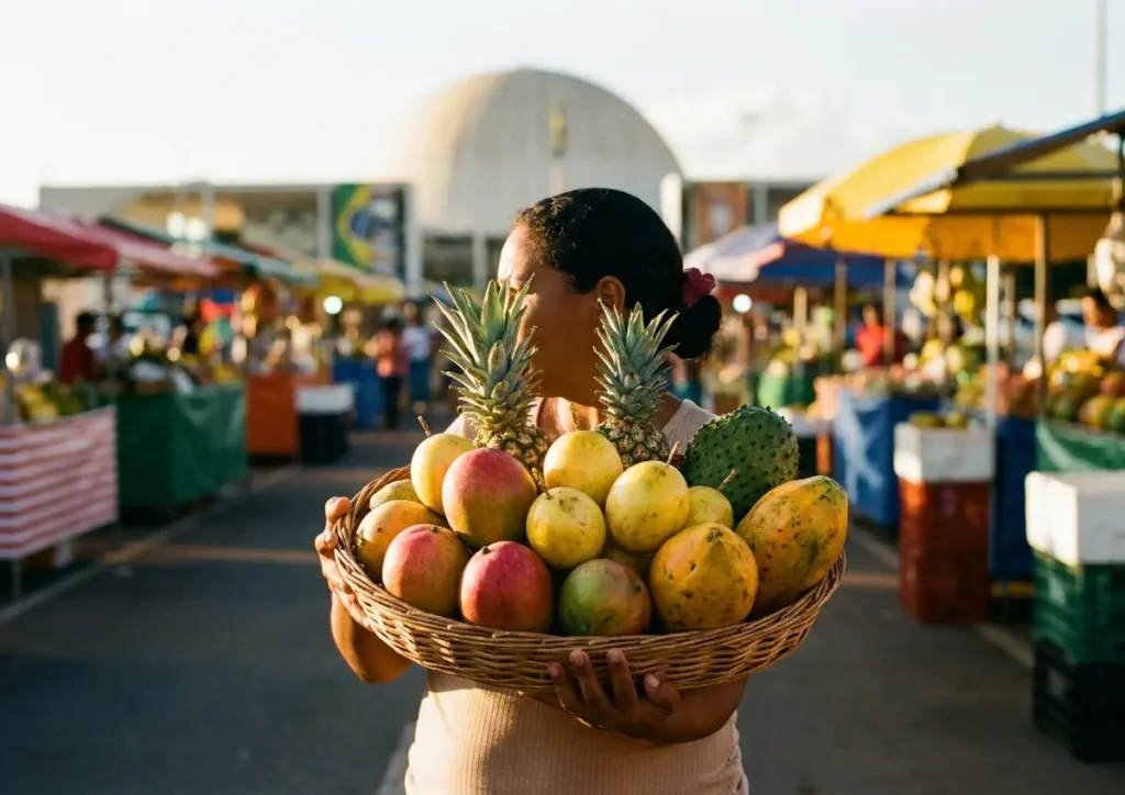 Vendedora de feira em perfil segurando cesta de frutas em Brasília ao entardecer