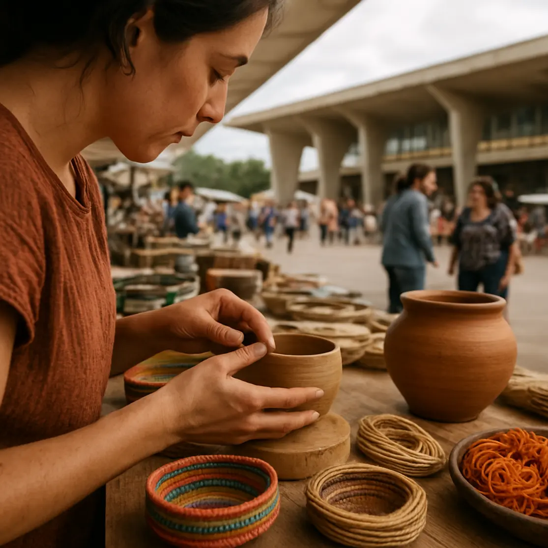 Mãos de artesã moldando cerâmica em banca de feira em Brasília