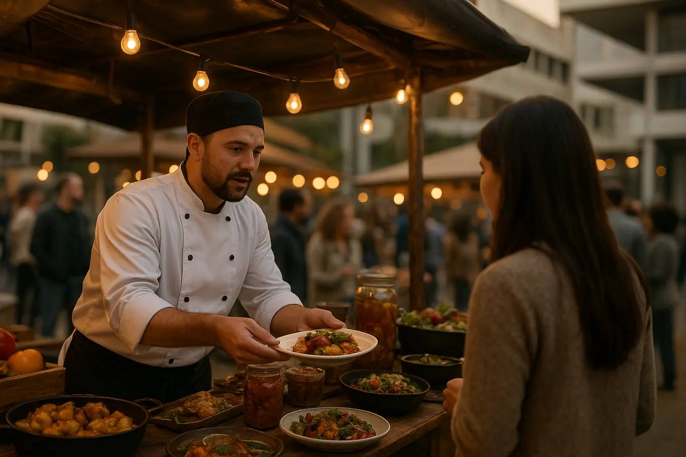 Barraca gourmet no festival de Brasília 2026, chef em 3/4 servindo um prato a visitante de costas.