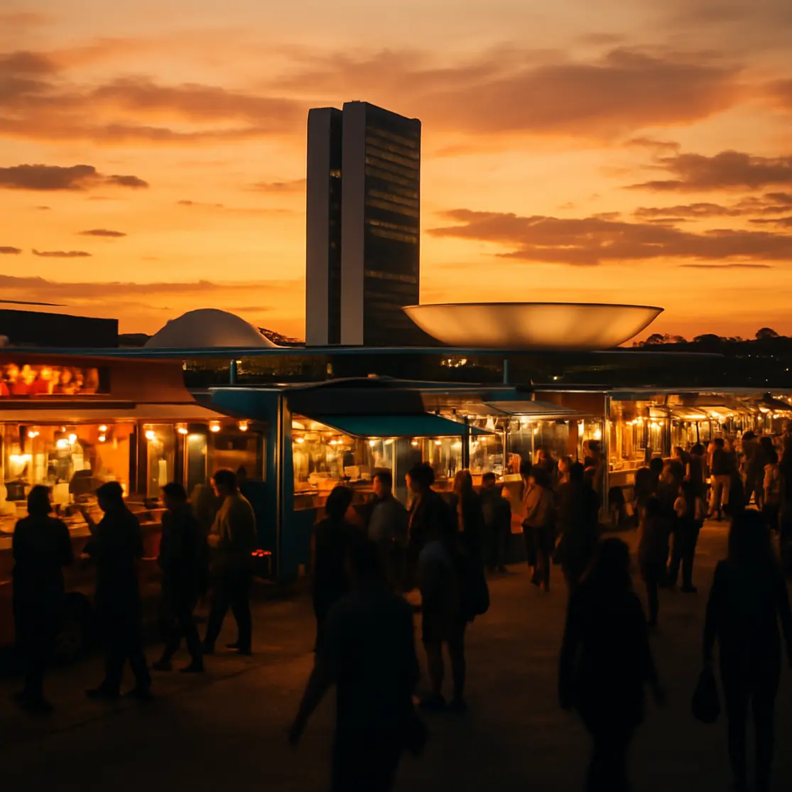 Panorama da feira gastronômica de Brasília 2026 ao entardecer, com food trucks e público em movimento.