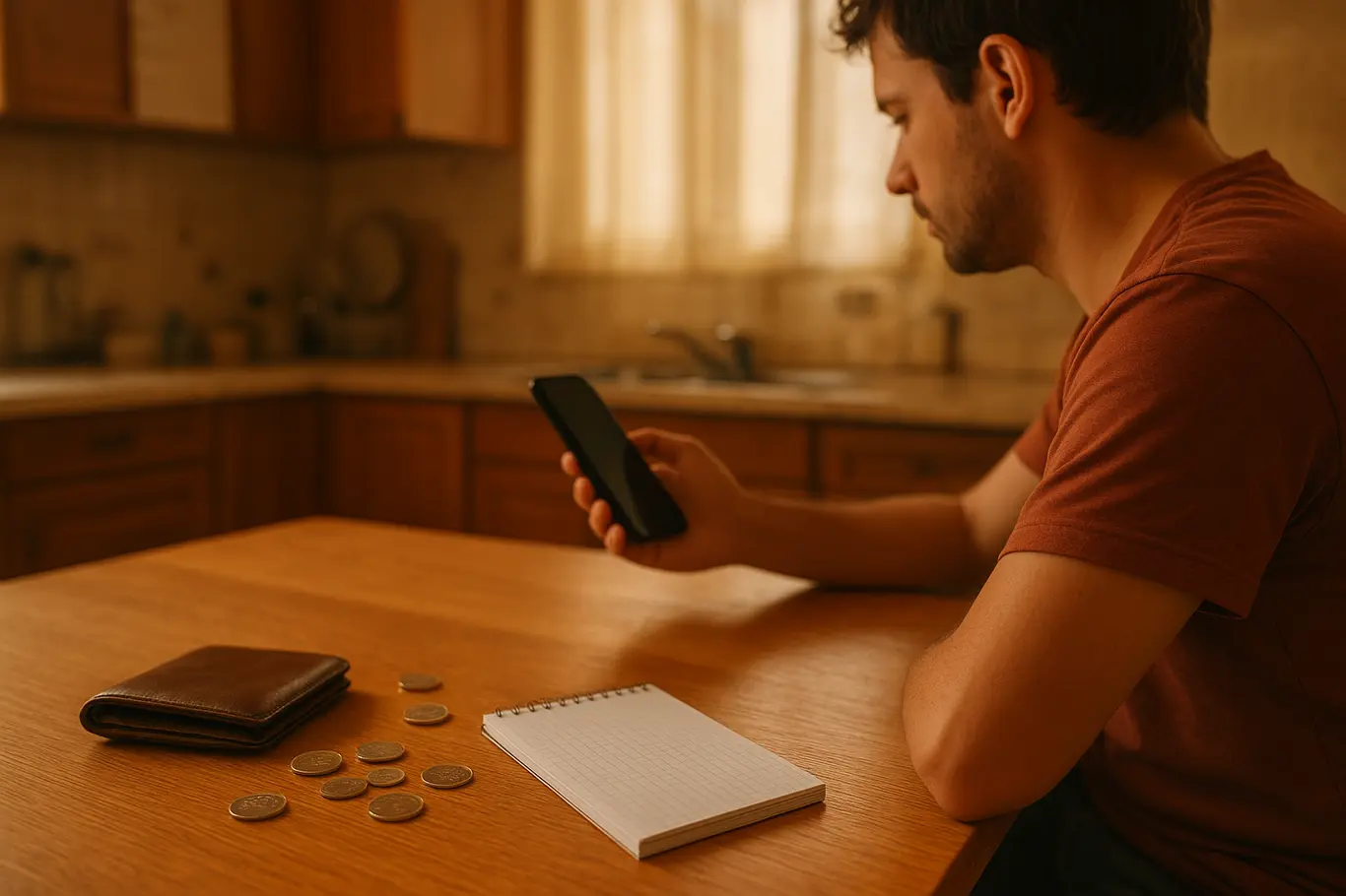 Mesa de cozinha com carteira, moedas e smartphone, pessoa sentada de lado verificando o aparelho, cena aberta e contextual.