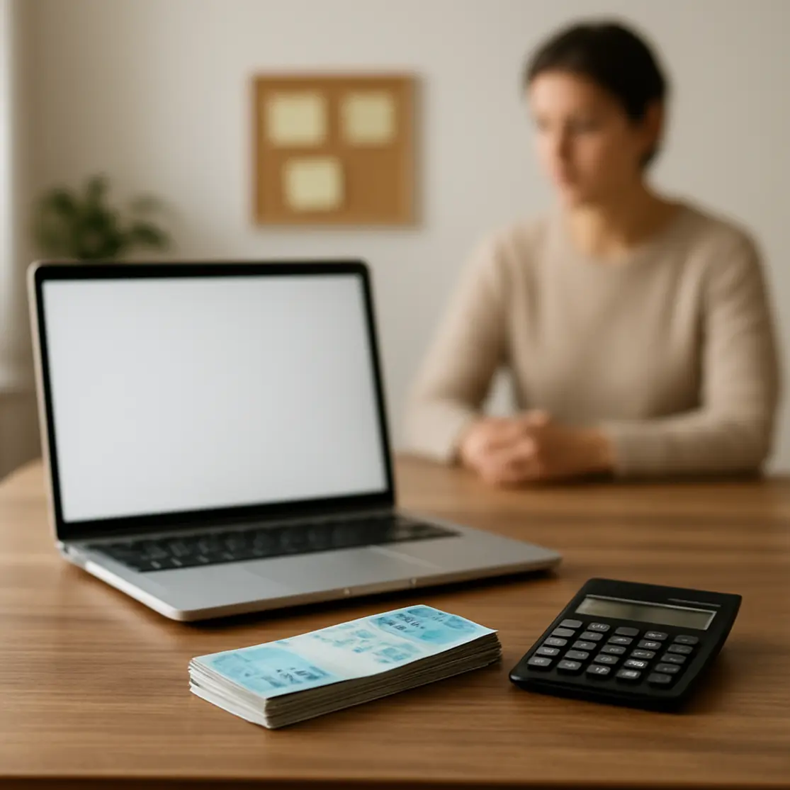 Escritório doméstico com laptop, pilha de cédulas e quadro com post‑its, ambiente organizado sugerindo planejamento financeiro.