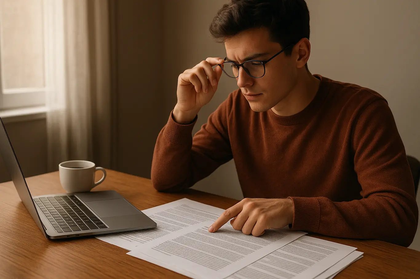 Estudante em perfil revisando contrato do Fies numa mesa com laptop e café