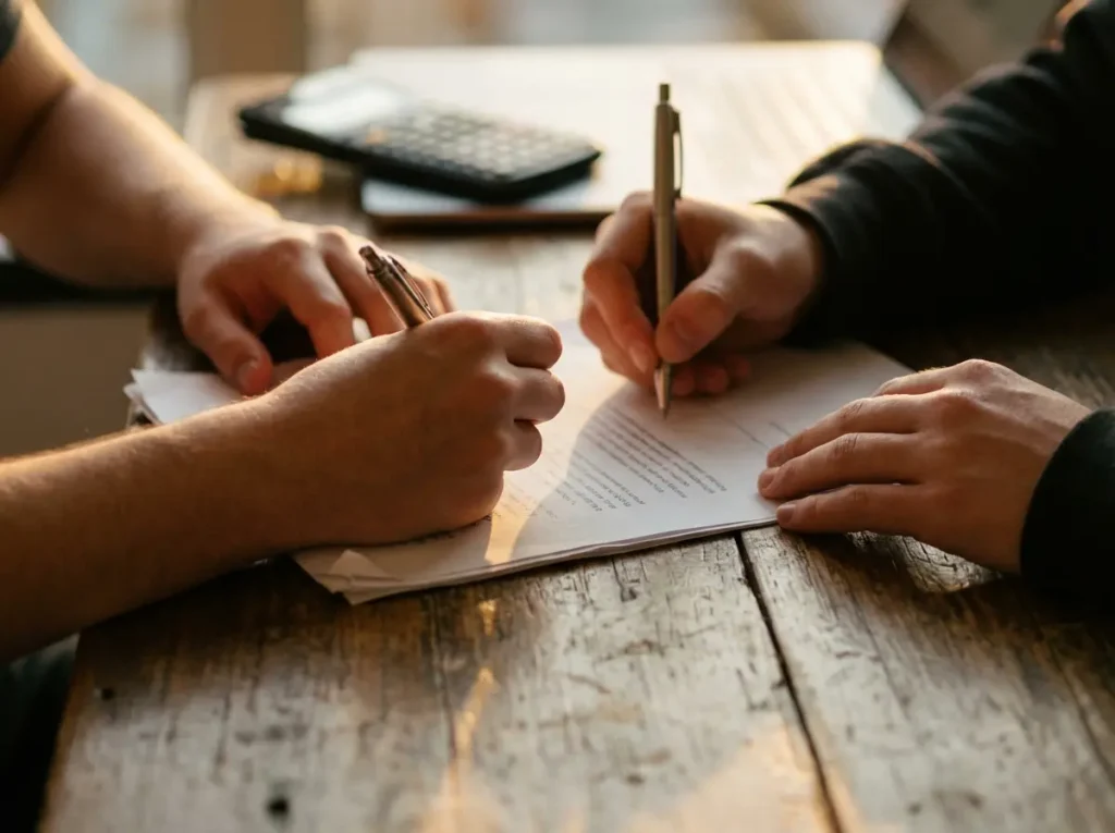 Fies: como funciona e o que avaliar antes de assinar o contrato Close-up de mãos assinando contrato estudantil com calculadora e laptop desfocados