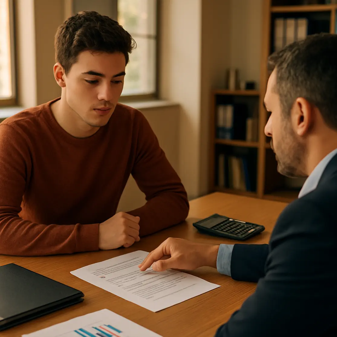 Ambiente de atendimento financeiro com estudante e assessor discutindo contrato do Fies