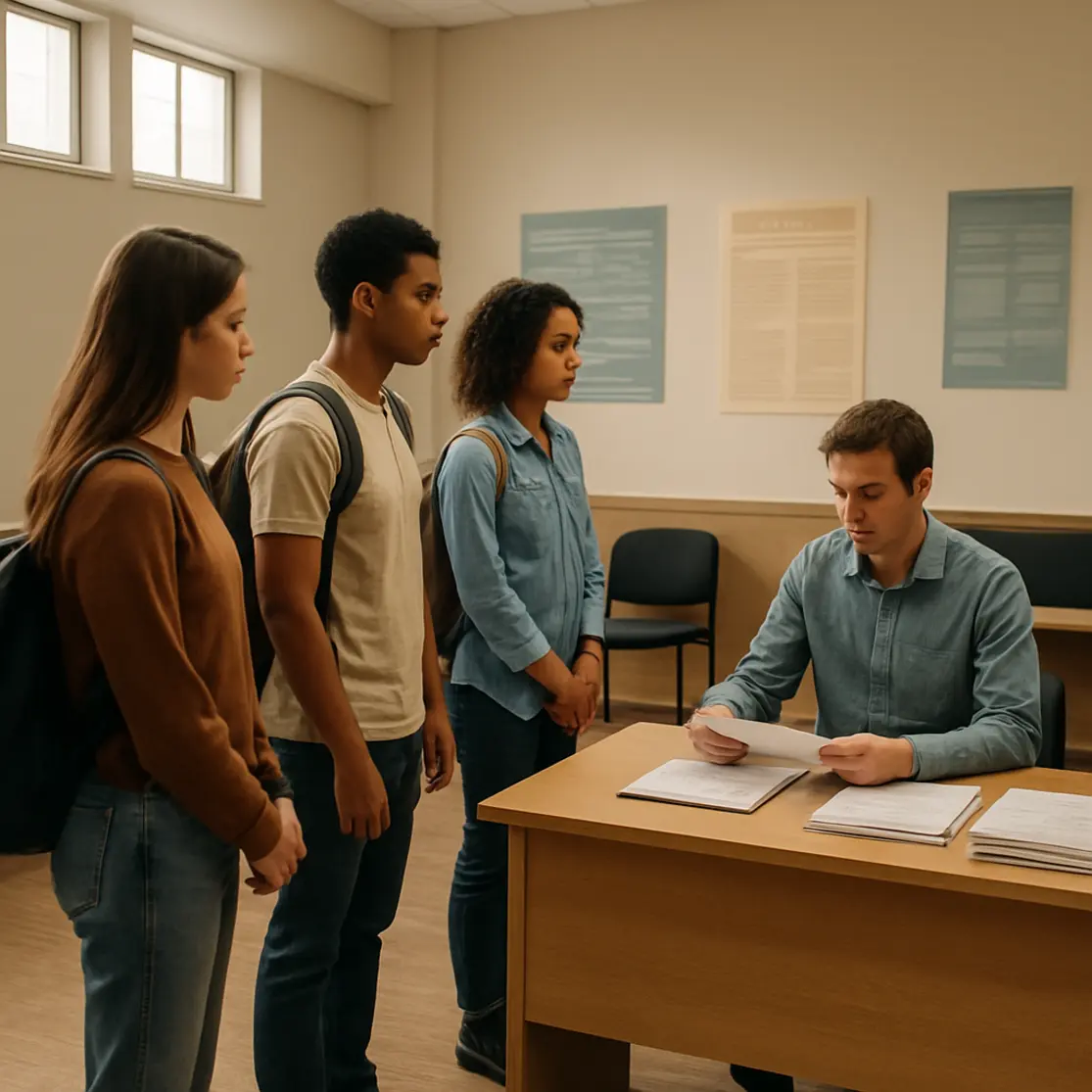 Sala de atendimento universitário com estudantes em fila e atendente em mesa