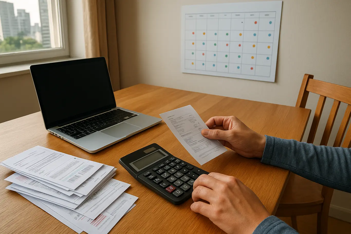 Mesa de estudo com laptop, calculadora e calendário, ambiente doméstico organizado para inscrição