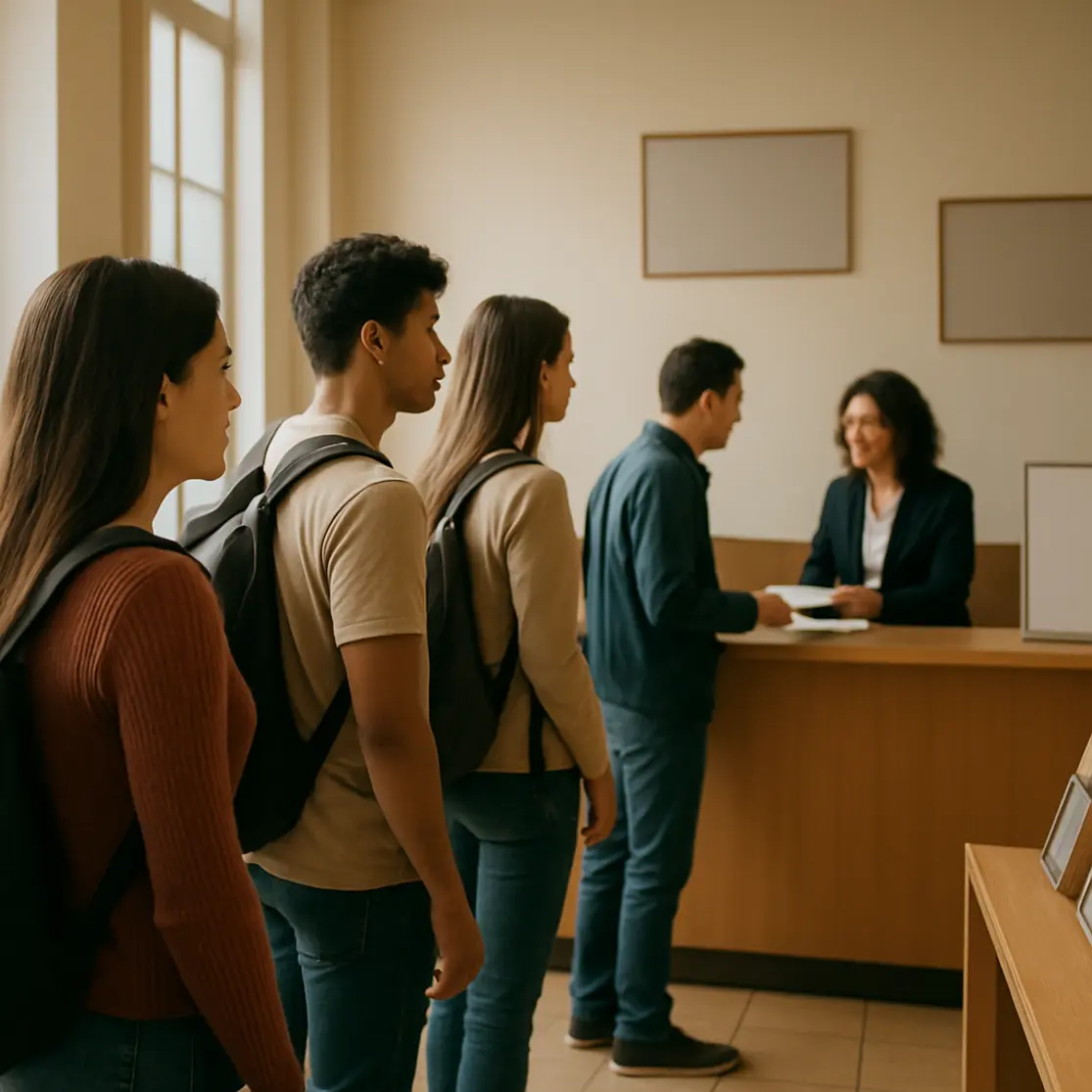 Atendimento educacional com estudantes em fila e atendente recebendo documentos, ambiente institucional