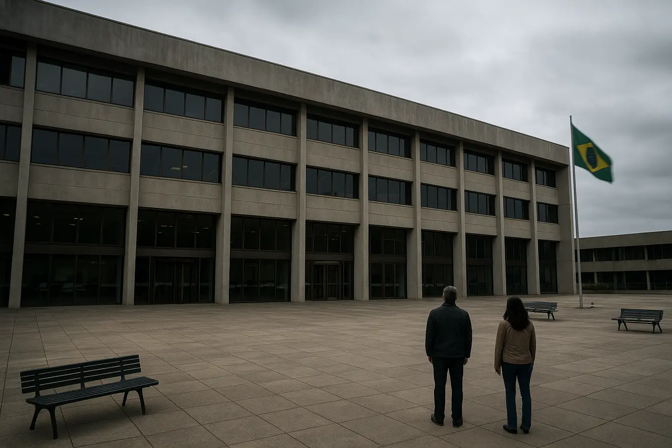 Fachada administrativa do GDF com pátio quase vazio e portas fechadas