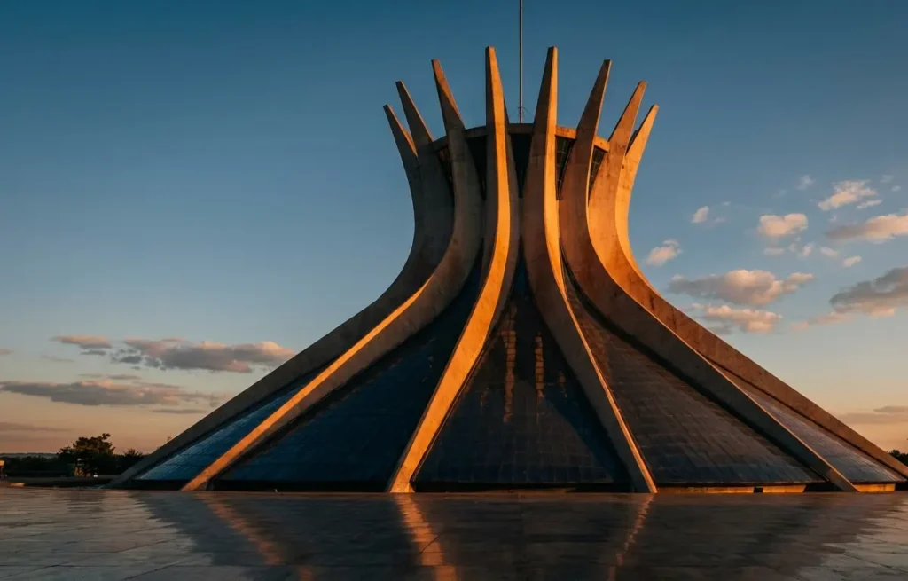 Catedral Metropolitana de Brasília ao pôr do sol, vista frontal