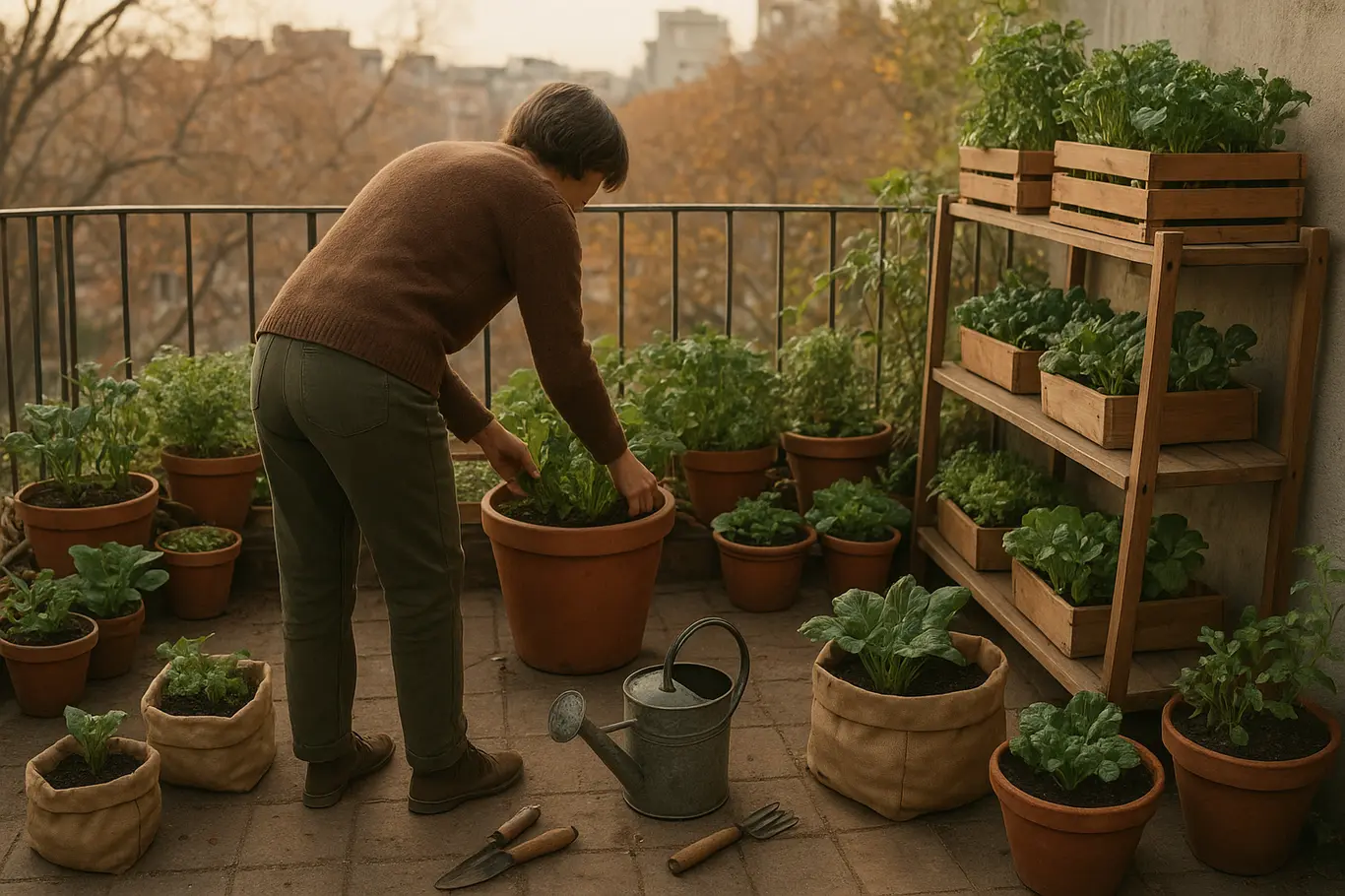 Varanda urbana com vasos de verduras e ervas, regador e pessoa de costas cuidando das plantas, horta em casa outono-inverno 2026