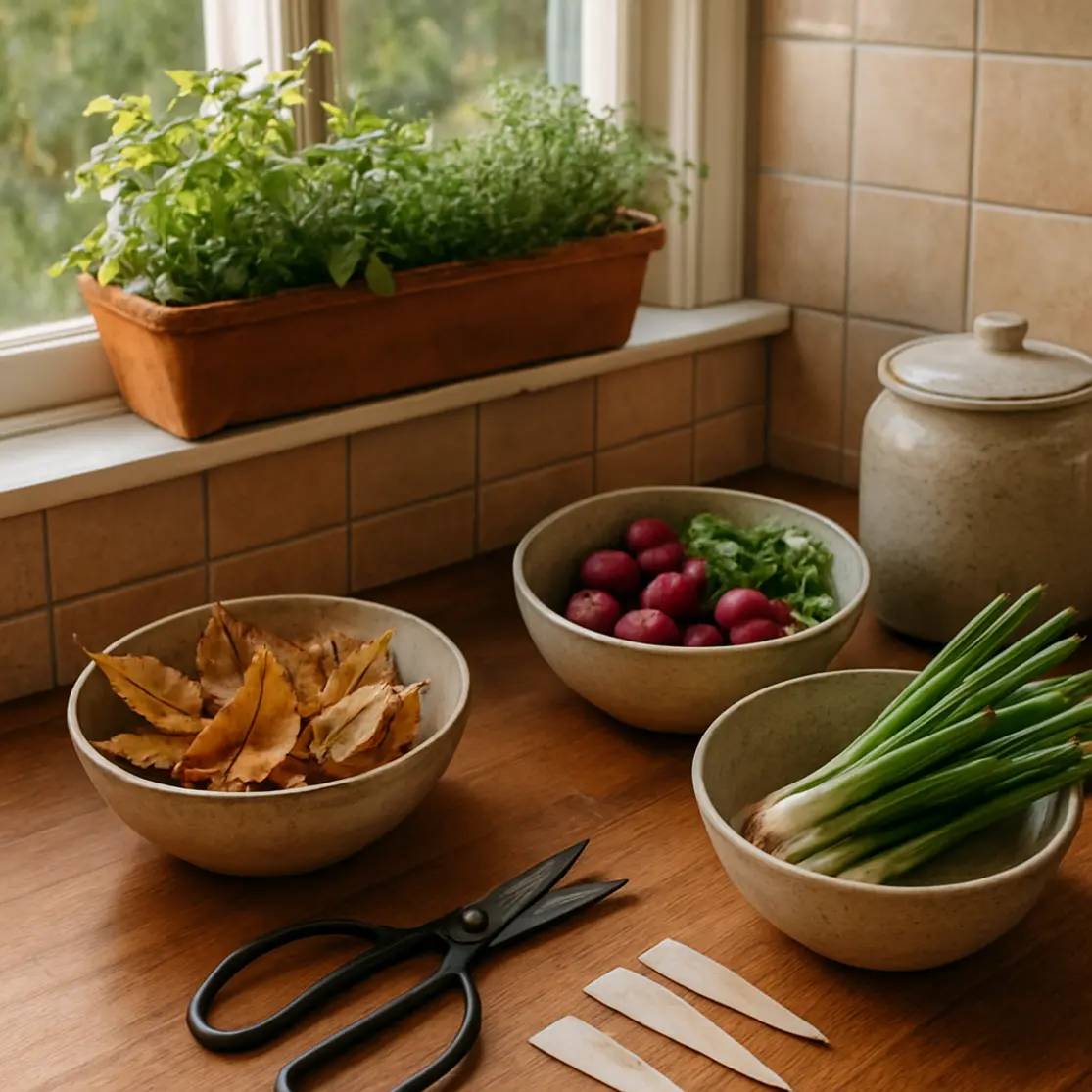 Cozinha com parapeito de ervas, tigelas com colheita e tesoura de poda, ambiente doméstico e sustentável