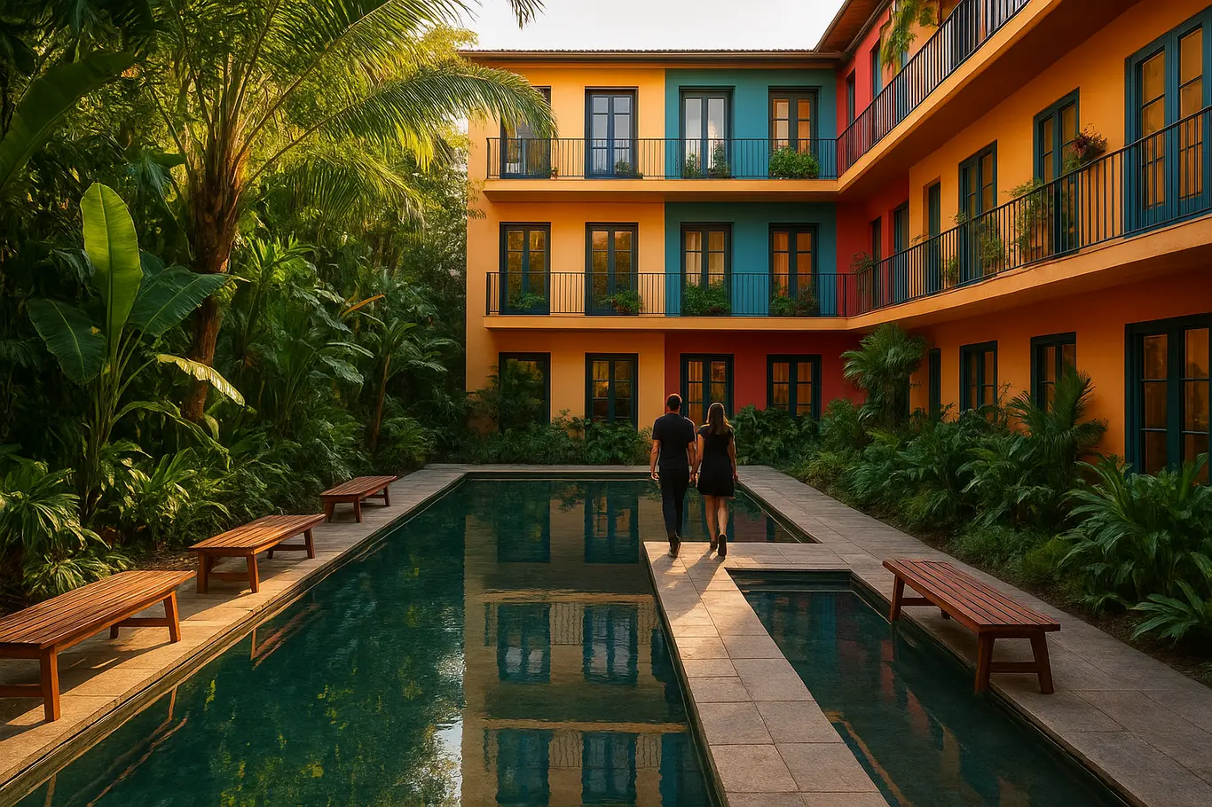 Pátio com piscina, vegetação e varandas coloridas em hotel boutique, silhuetas de costas