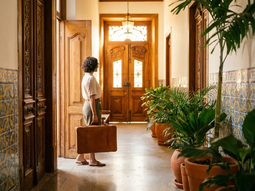 Entrada marcante de hotel boutique brasileiro com pessoa de perfil segurando mala, cores quentes