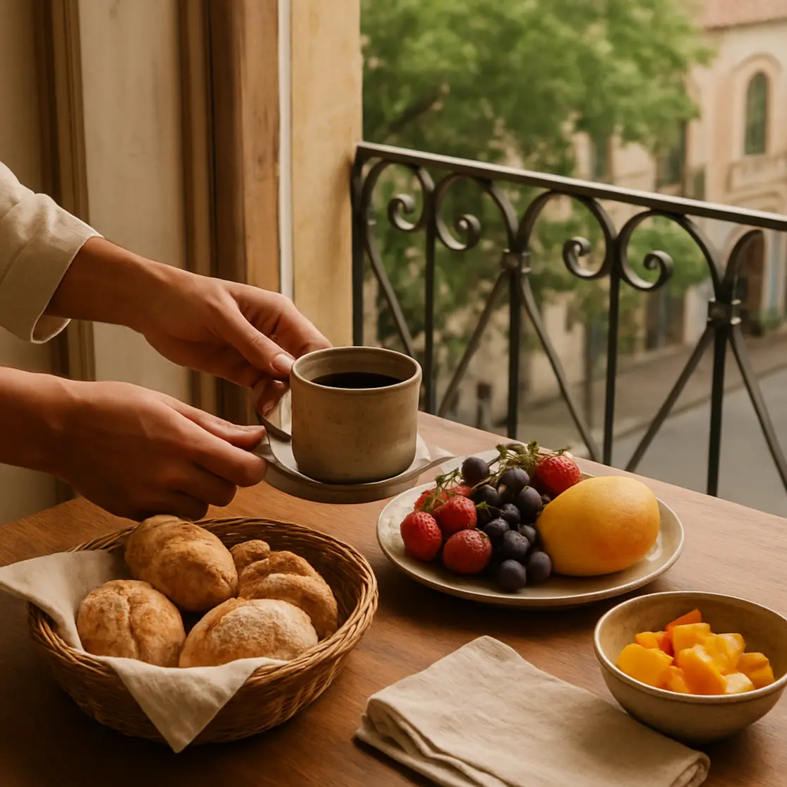 Mesa de café da manhã no terraço de hotel boutique com mãos servindo café e pães artesanais