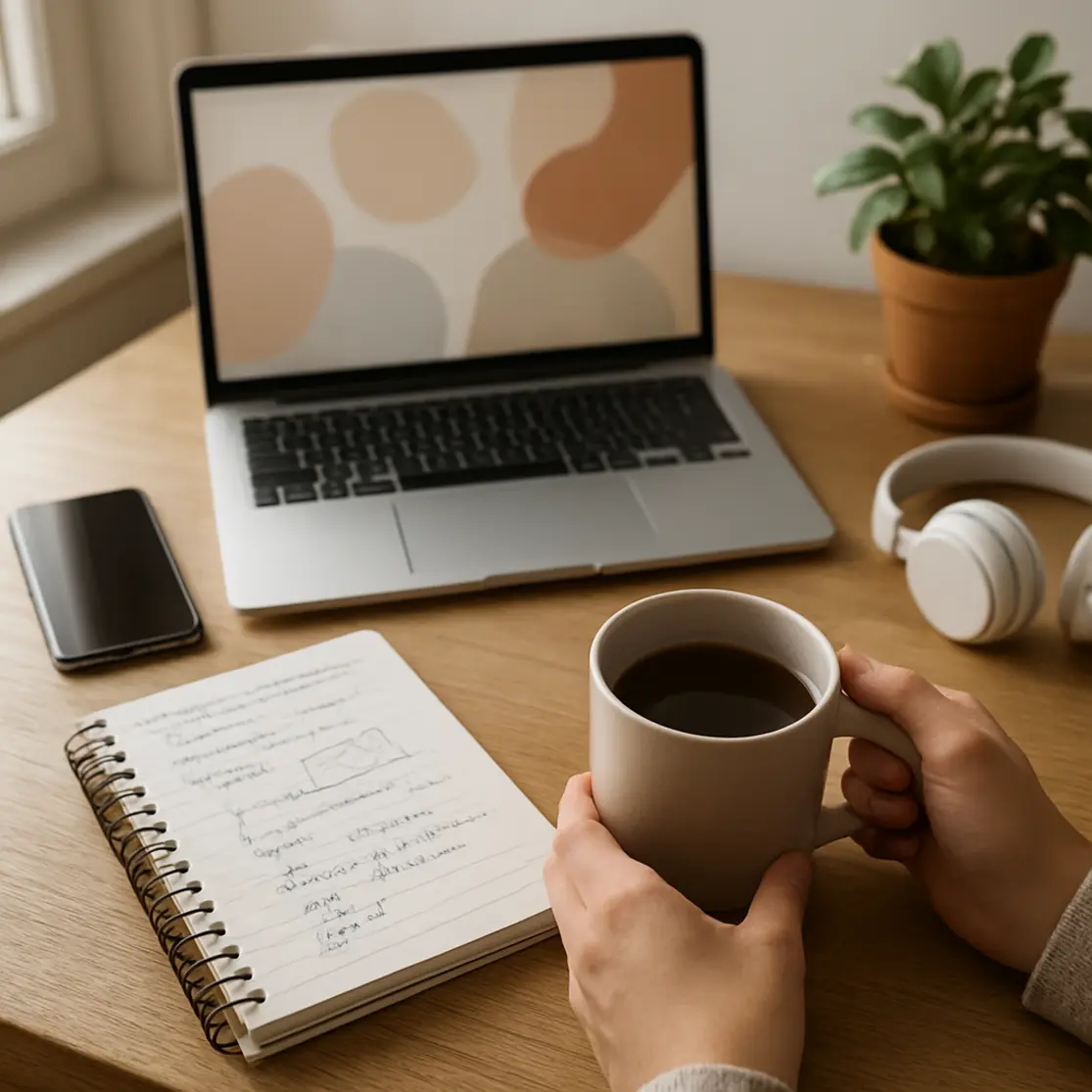 Mesa de trabalho doméstica com laptop, smartphone e mãos pegando caneca, ambiente de produtividade com IA