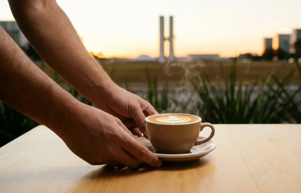 Xícara de café especial com latte art sobre mesa de madeira, mãos do barista em perfil e Brasília desfocada ao fundo