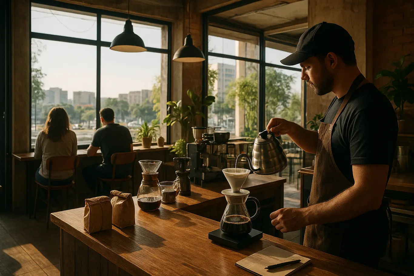 Interior aberto de cafeteria em Brasília com barista em perfil preparando pour-over e janelas com luz natural