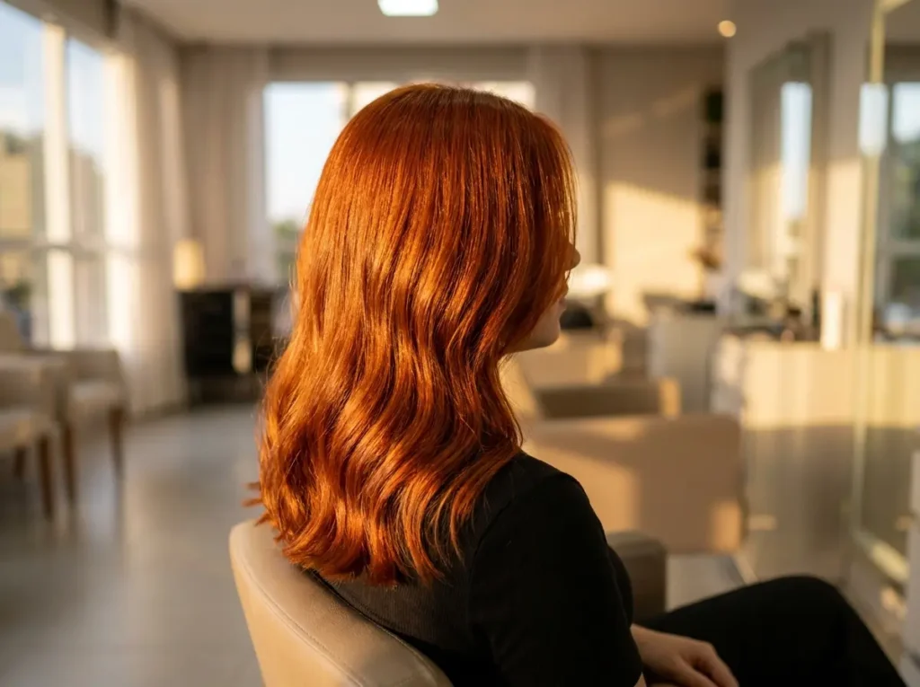 Mulher sentada de costas no salão, cabelo cobre-avermelhado vibrante em destaque, iluminação dourada, fundo desfocado