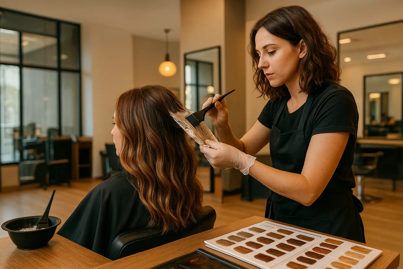 Cena ampla de salão com estilista aplicando tonalizante em mechas enquanto materiais e frascos estão na bancada