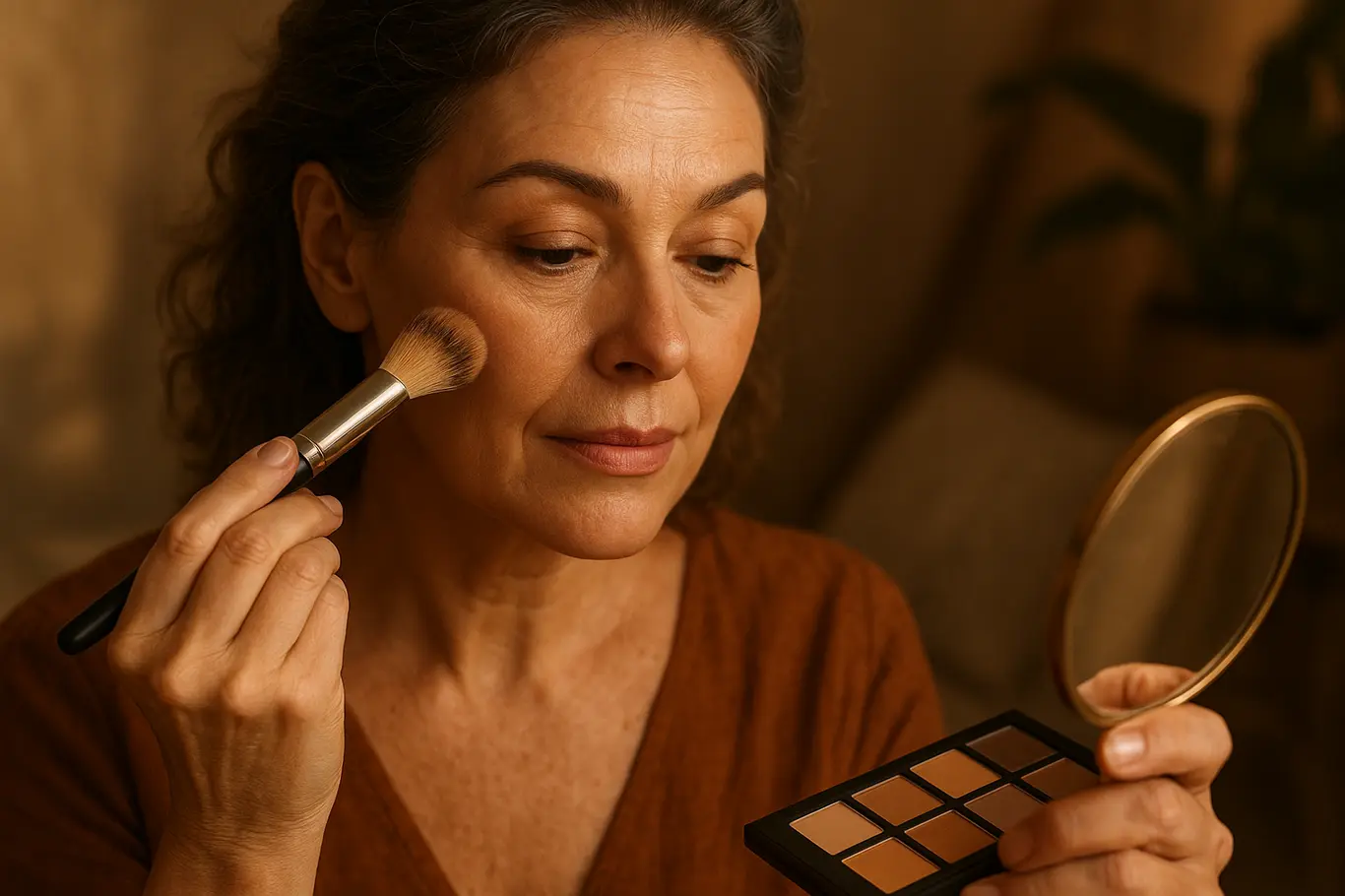 Mulher madura em 3/4 aplicando base com pincel diante de espelho de mão, ambiente com luz dourada