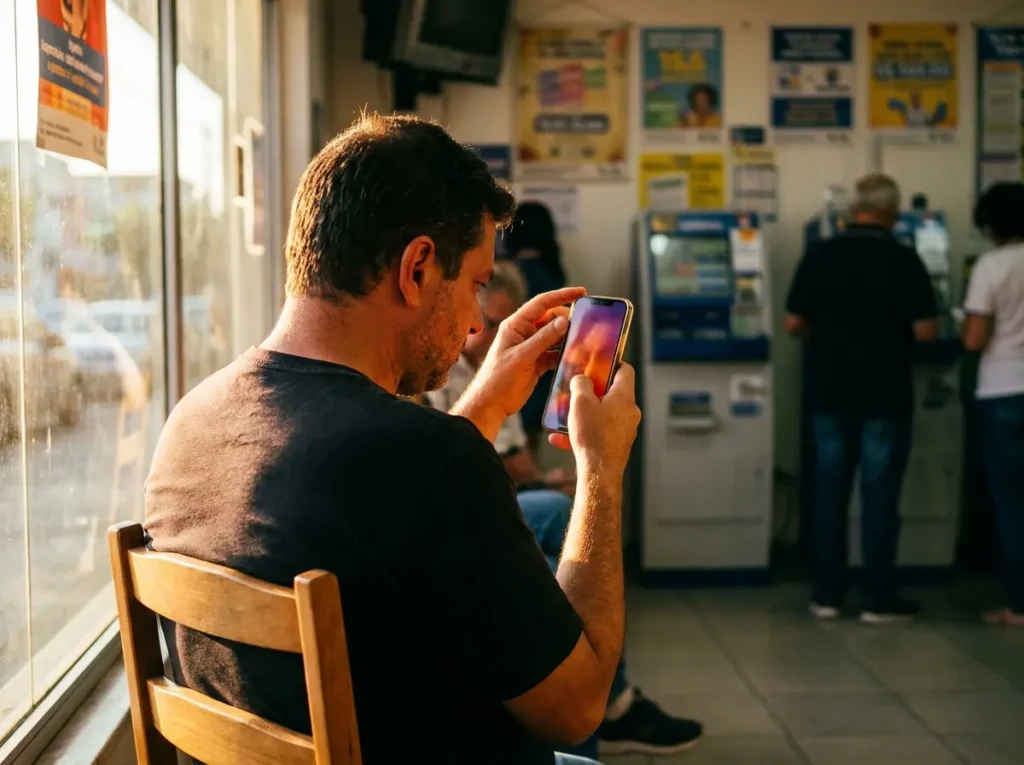 Homem visto de 3/4 pelas costas segurando celular com reflexos coloridos em lotérica, postura de arrependimento