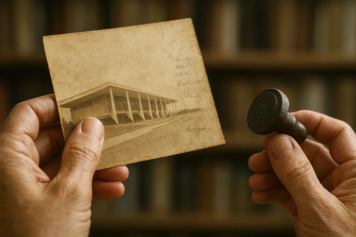 Mãos do livreiro segurando fotografia antiga de Brasília