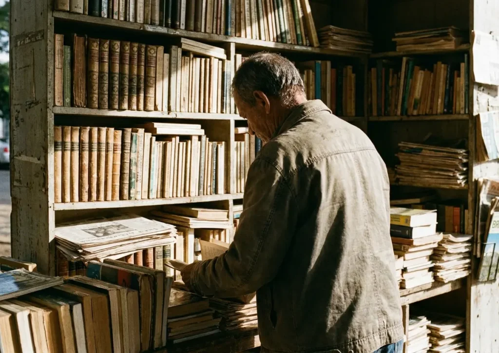 Livreiro de costas entre prateleiras de livros na UnB