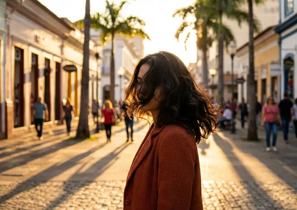 Qual tipo de cabelo atrai mais os homens? Mulher vista da cintura para cima em avenida ao pôr do sol, cabelo ondulado ao vento, rosto virado para longe.