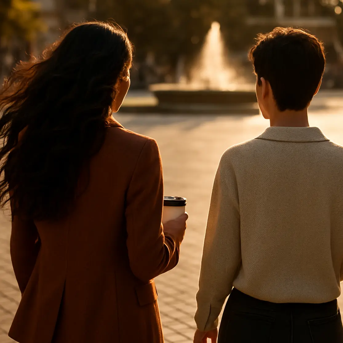 Duas pessoas vistas por trás na praça ao entardecer, contraste entre cabelo longo ondulado e corte curto texturizado, sem rostos visíveis.