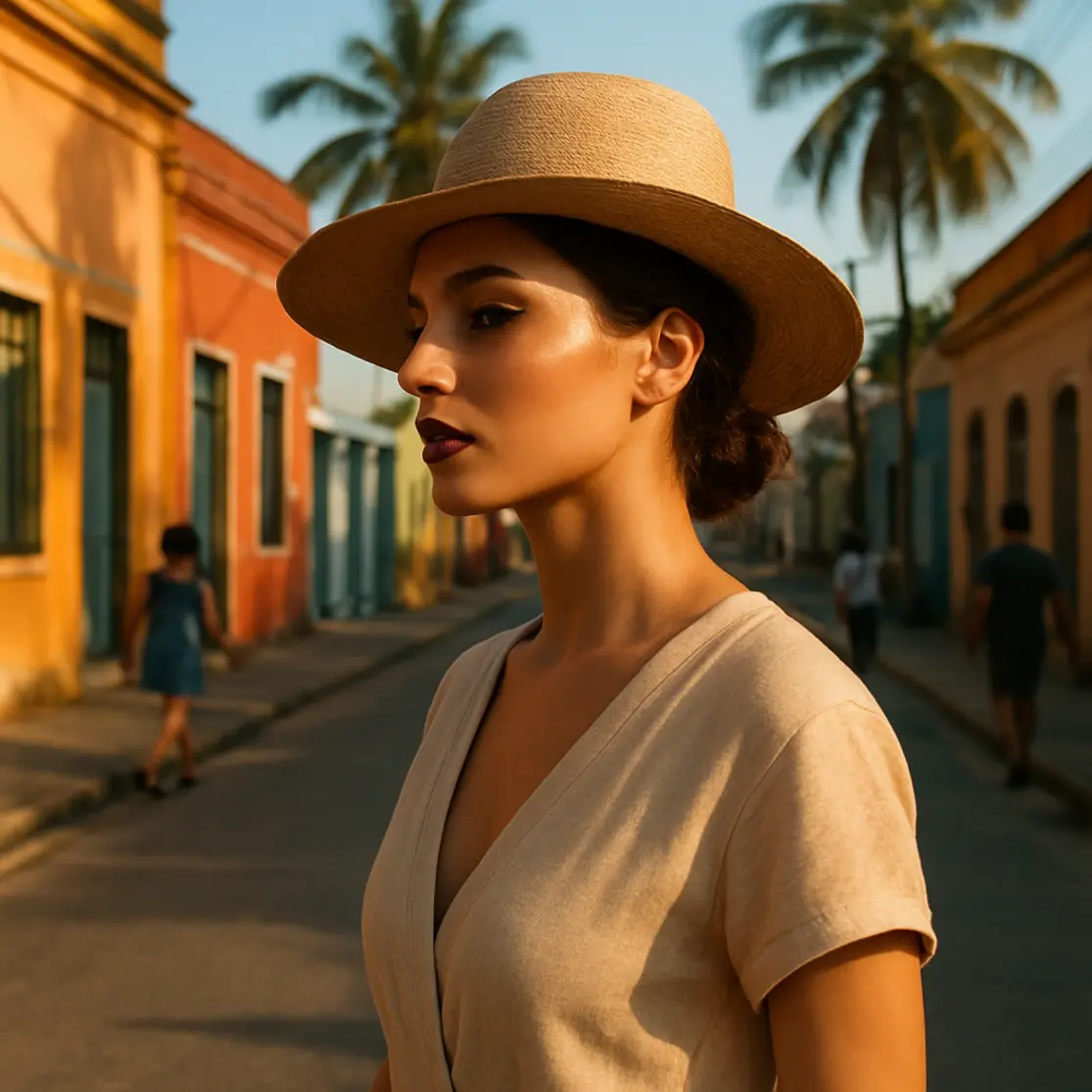 Plano aberto de modelo de perfil 3/4 caminhando em rua tropical, maquiagem intacta sob luz dourada