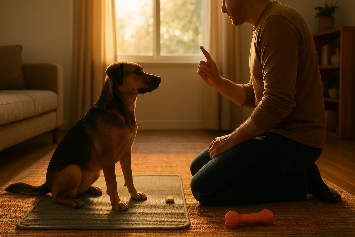Cena ampla de adestramento doméstico com tutor ajoelhado de perfil e cão em posição sentada