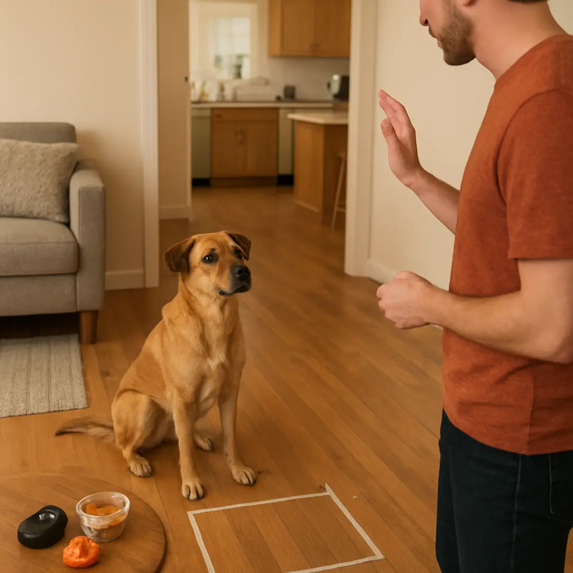 Ambiente doméstico com cão praticando 'fica', clicker e petiscos sobre mesa, tutor em 3/4 ao fundo