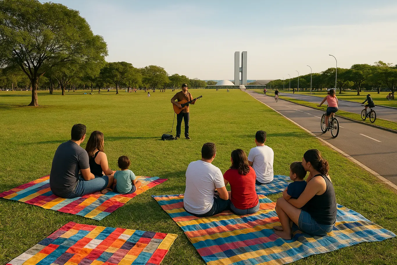 Grupos em mantas no Parque da Cidade em Brasília com ciclovia e músico ao fundo