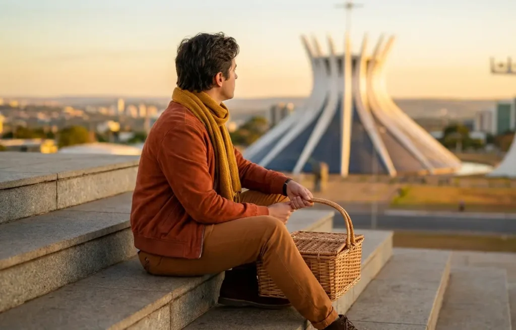 Pessoa em perfil 3/4 sentada nas escadas da Catedral de Brasília segurando uma cesta de piquenique ao entardecer