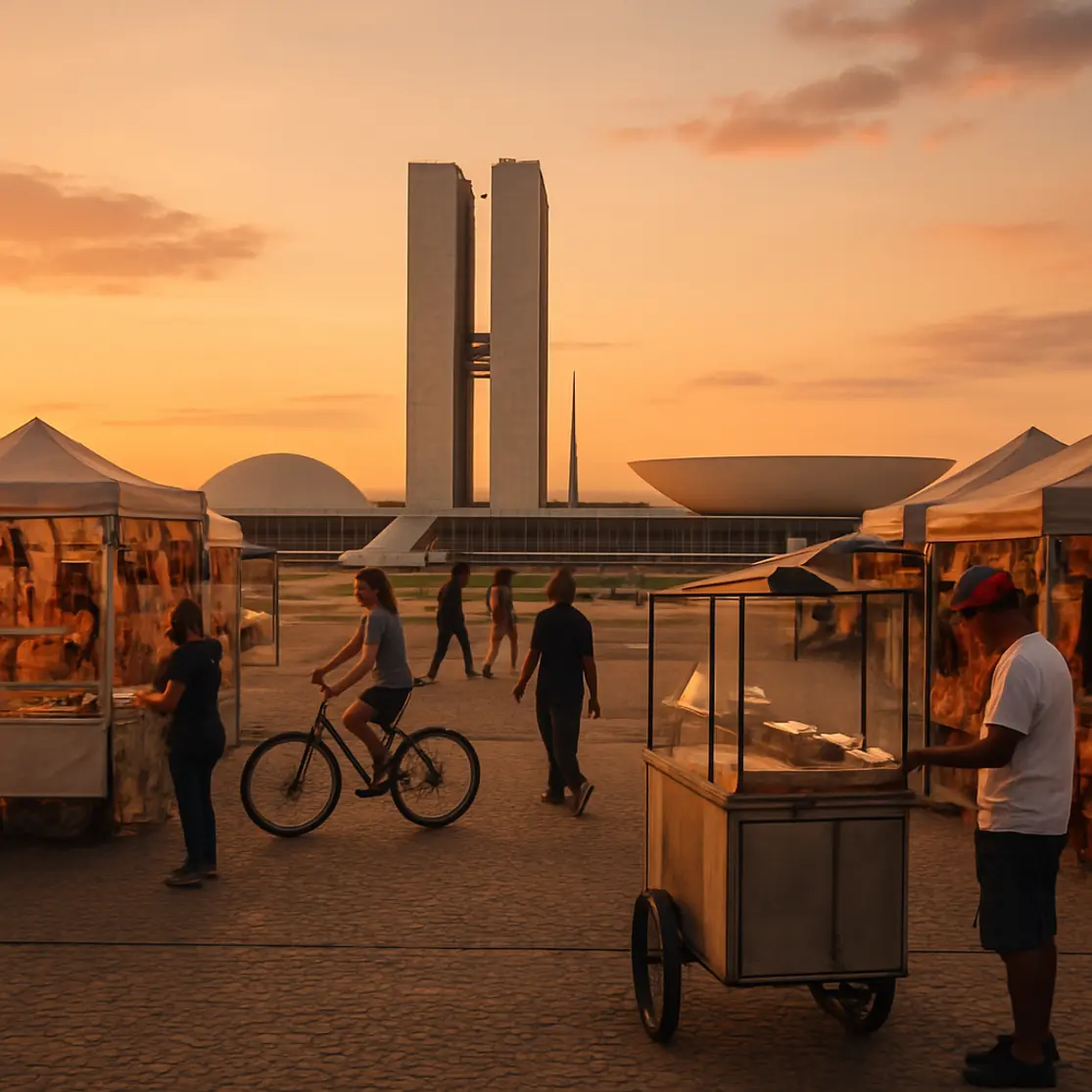 Feirinha e pedestres no Eixo Monumental com o Congresso Nacional ao fundo ao entardecer