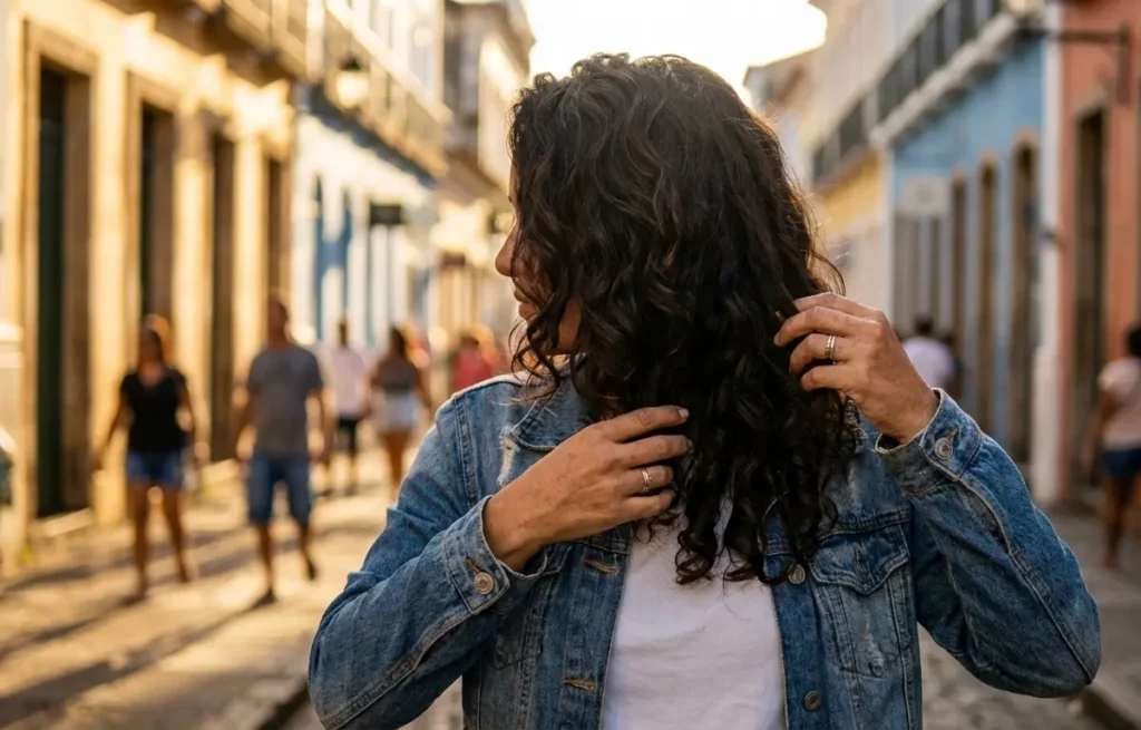 Mulher de meio-corpo de costas/perfil com cabelo ondulado definido e sem frizz, passando os dedos pelas ondas na rua ao pôr do sol.