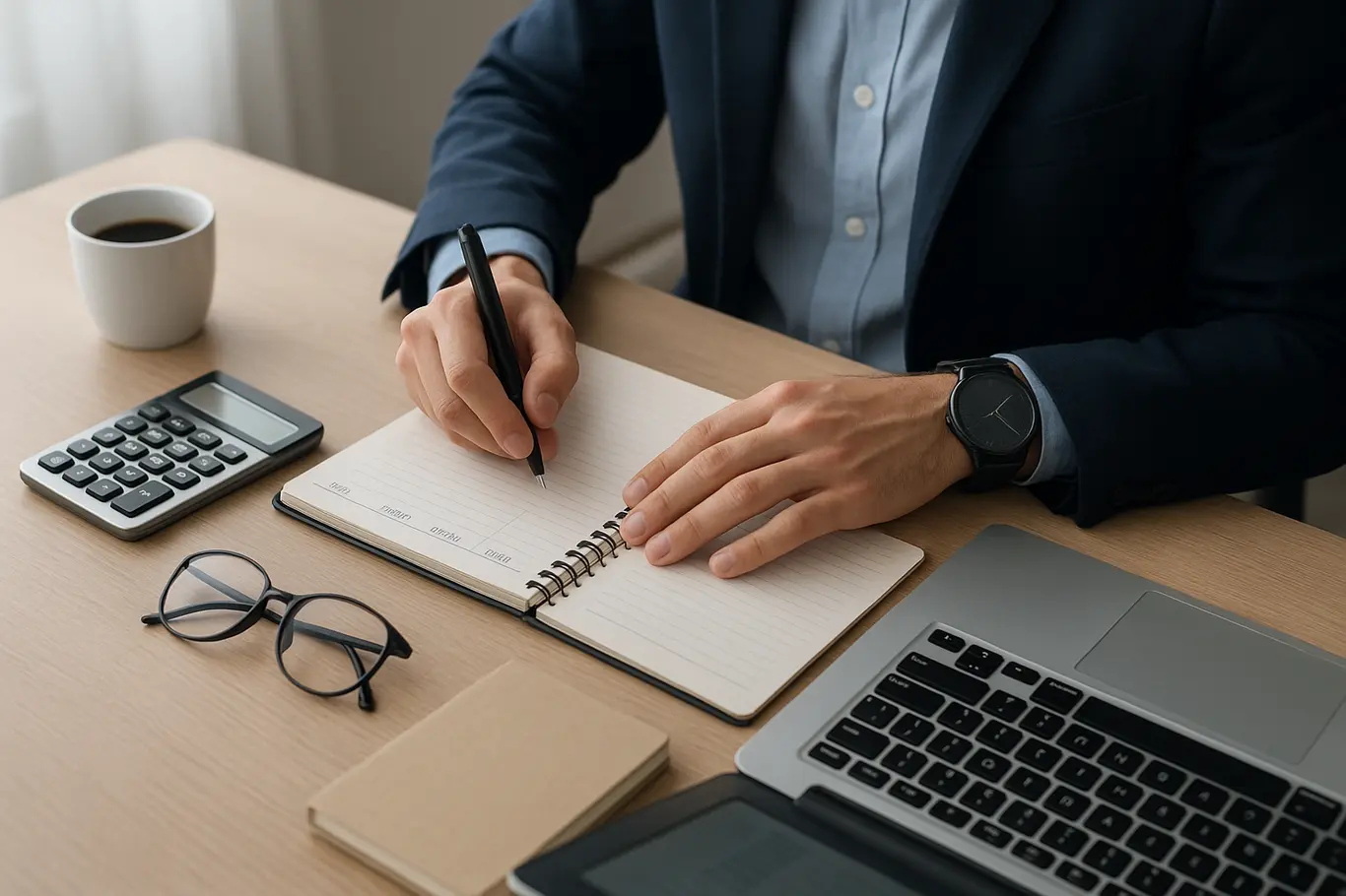 Profissional em 3/4 anotando horas em caderno com smartwatch e laptop ao lado