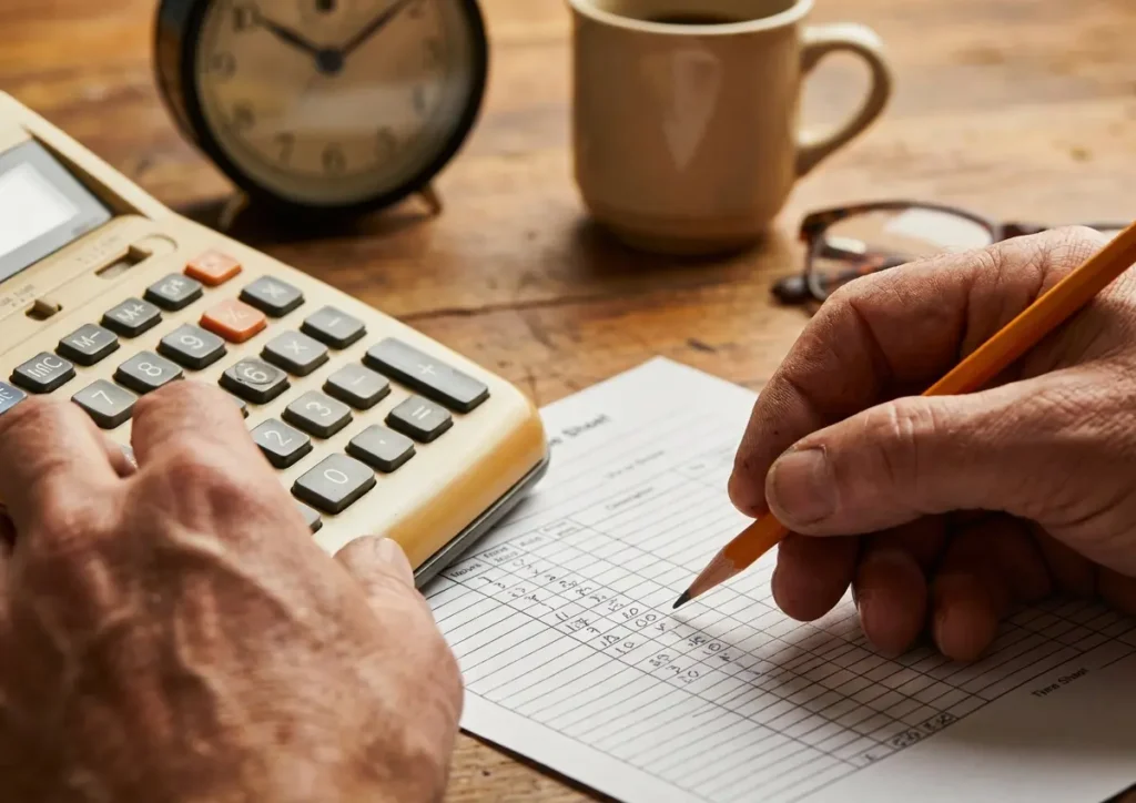 Mãos usando calculadora sobre ficha de ponto com relógio analógico ao fundo